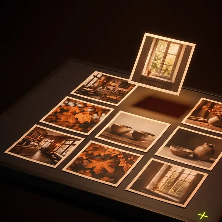 Prints dropping onto a dark light table in a loose grid